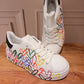 'HEART AND SOLE' FABULOUS RAINBOW GRAFFITI HEART PRINT PLATFORM TRAINERS IN CLASSIC WHITE