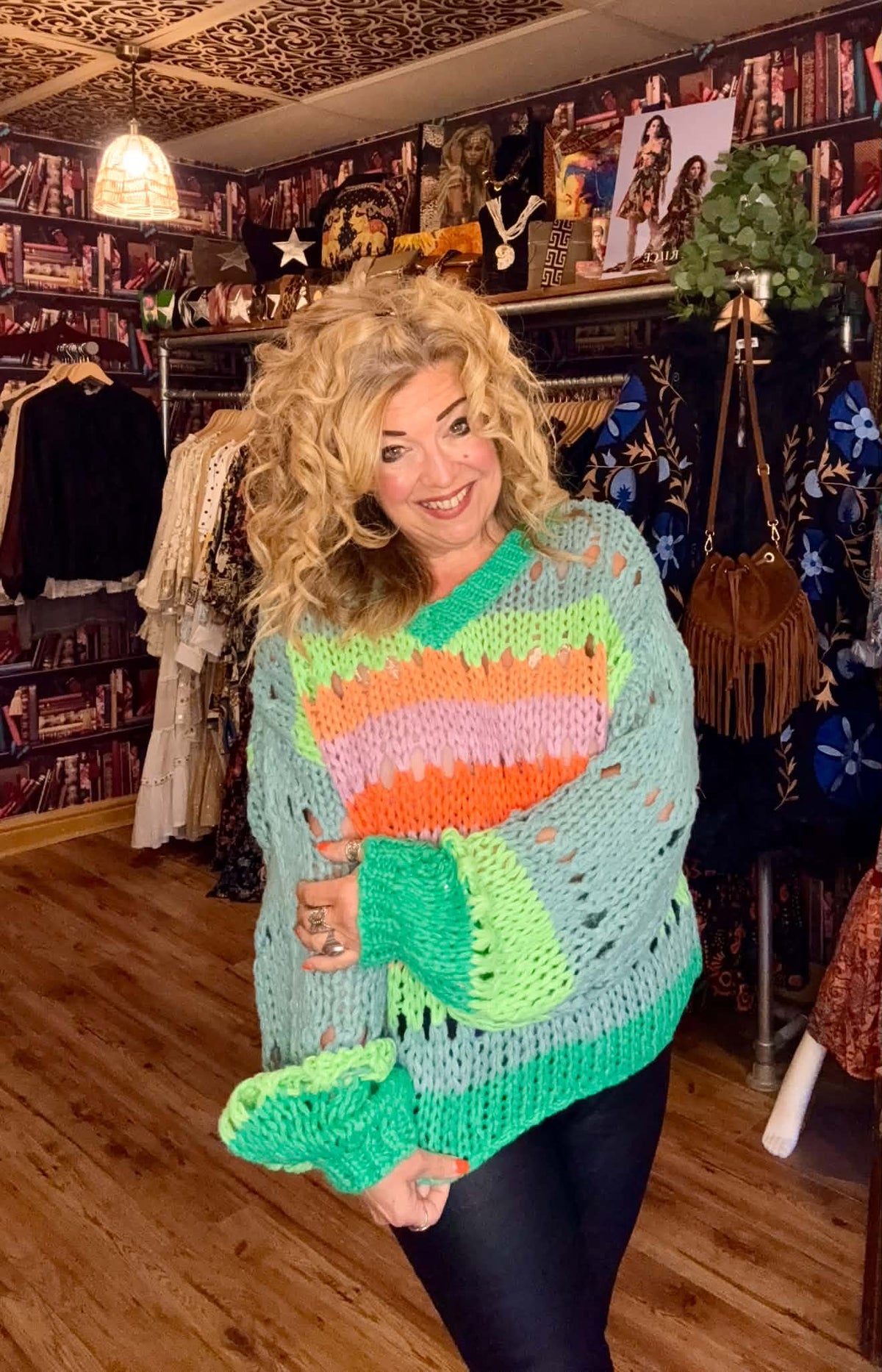 THE 'COSMIC GIRL' FUNKY RAINBOW COLOURED CHUNKY OPEN STITCH KNIT WITH BALLOON SLEEVES