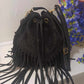 'HENDRIX' BEAUTIFUL AND BOHO 100% ITALIAN SUEDE LEATHER 70'S STYLE FRINGED BUCKET BAG BLACK