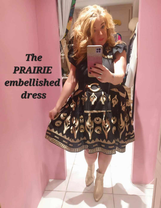 THE 'PRAIRIE' CRISP COTTON BLEND DRESS WITH BEAUTIFUL GOLD EMBROIDERED DETAIL BLACK OR AM