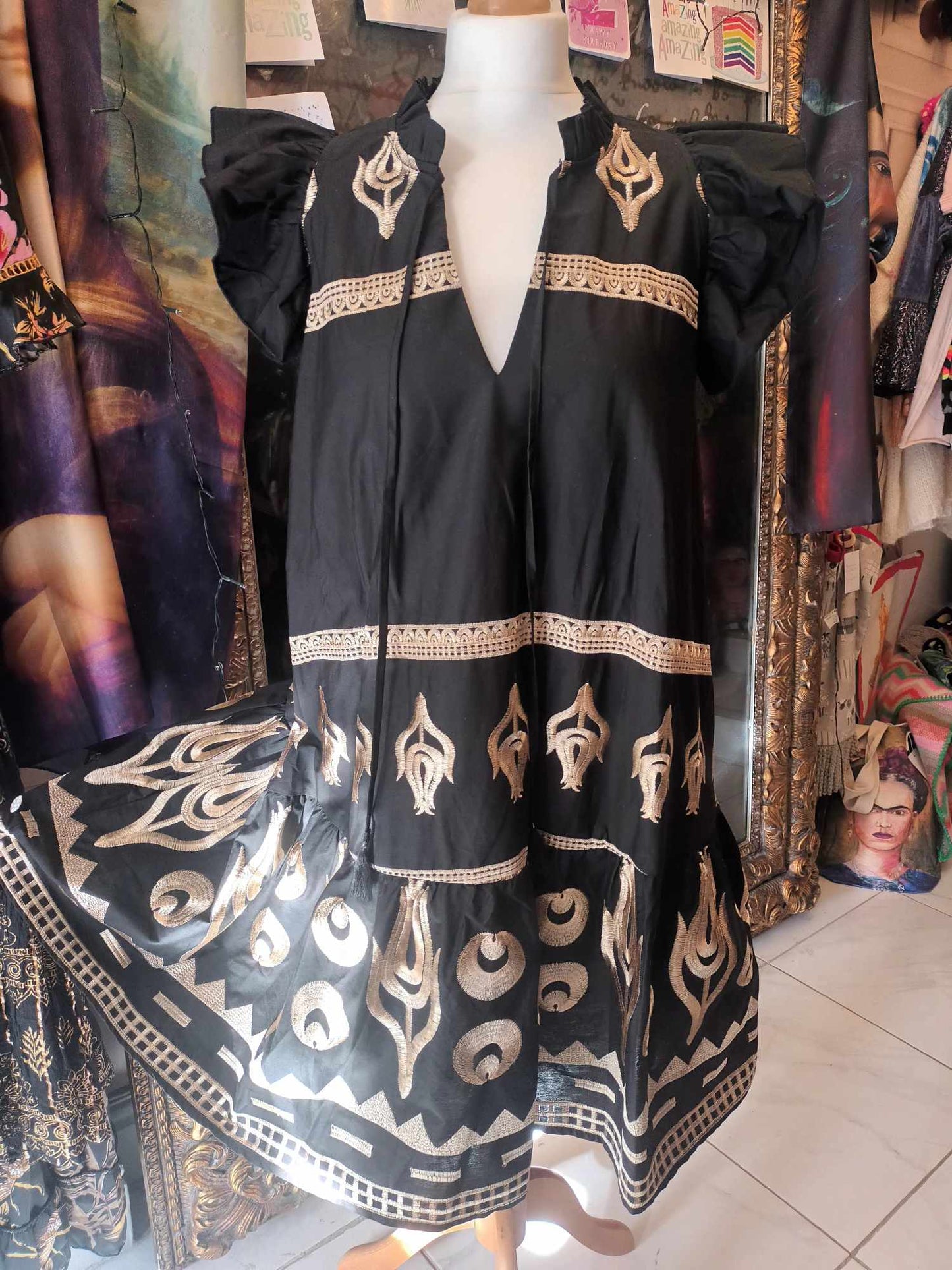 THE 'PRAIRIE' CRISP COTTON BLEND DRESS WITH BEAUTIFUL GOLD EMBROIDERED DETAIL BLACK OR CREAM