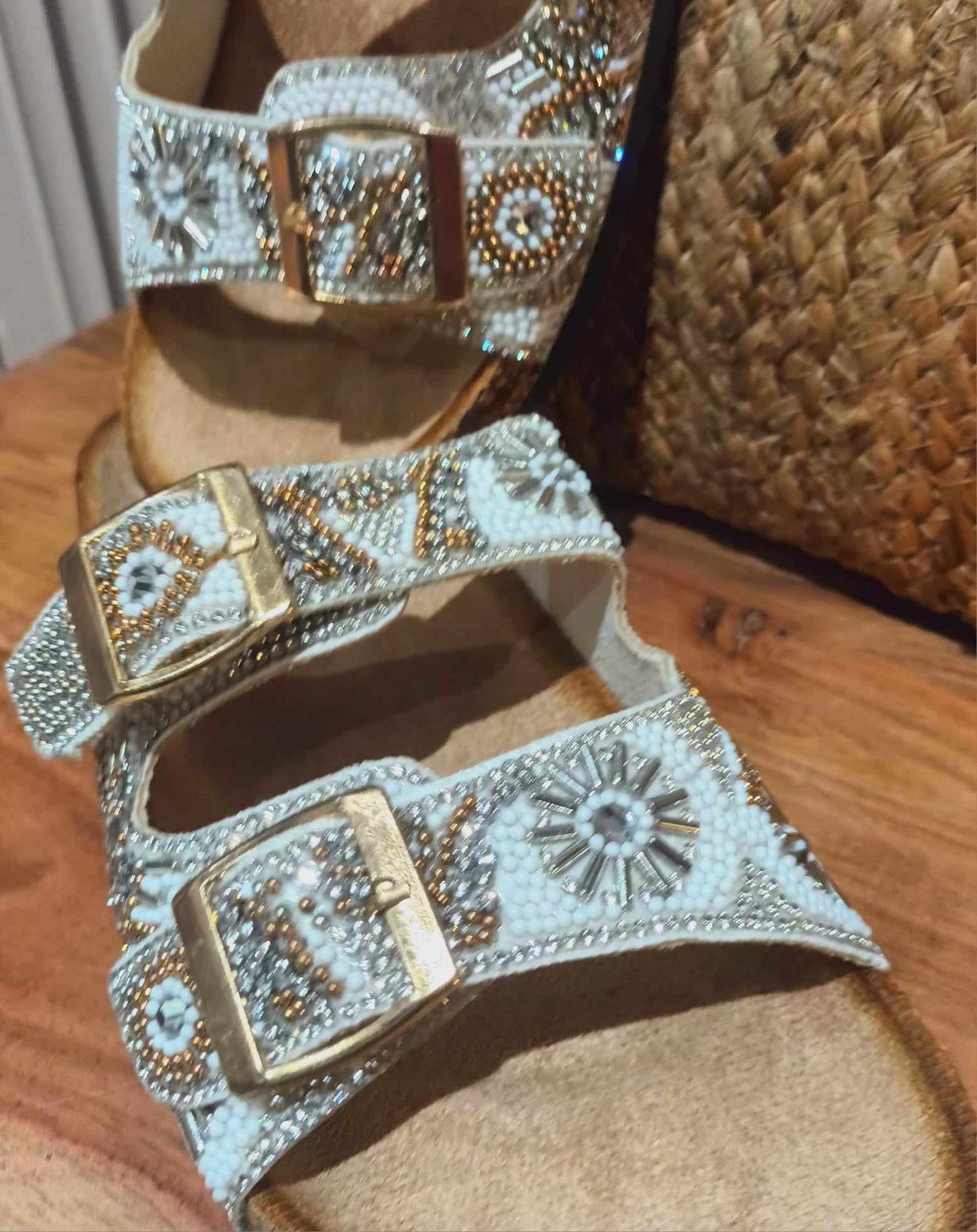 THE 'CRYSTAL WATERS' SILVER AND GOLD RICHLY BEADED FOOTBED SLIDER