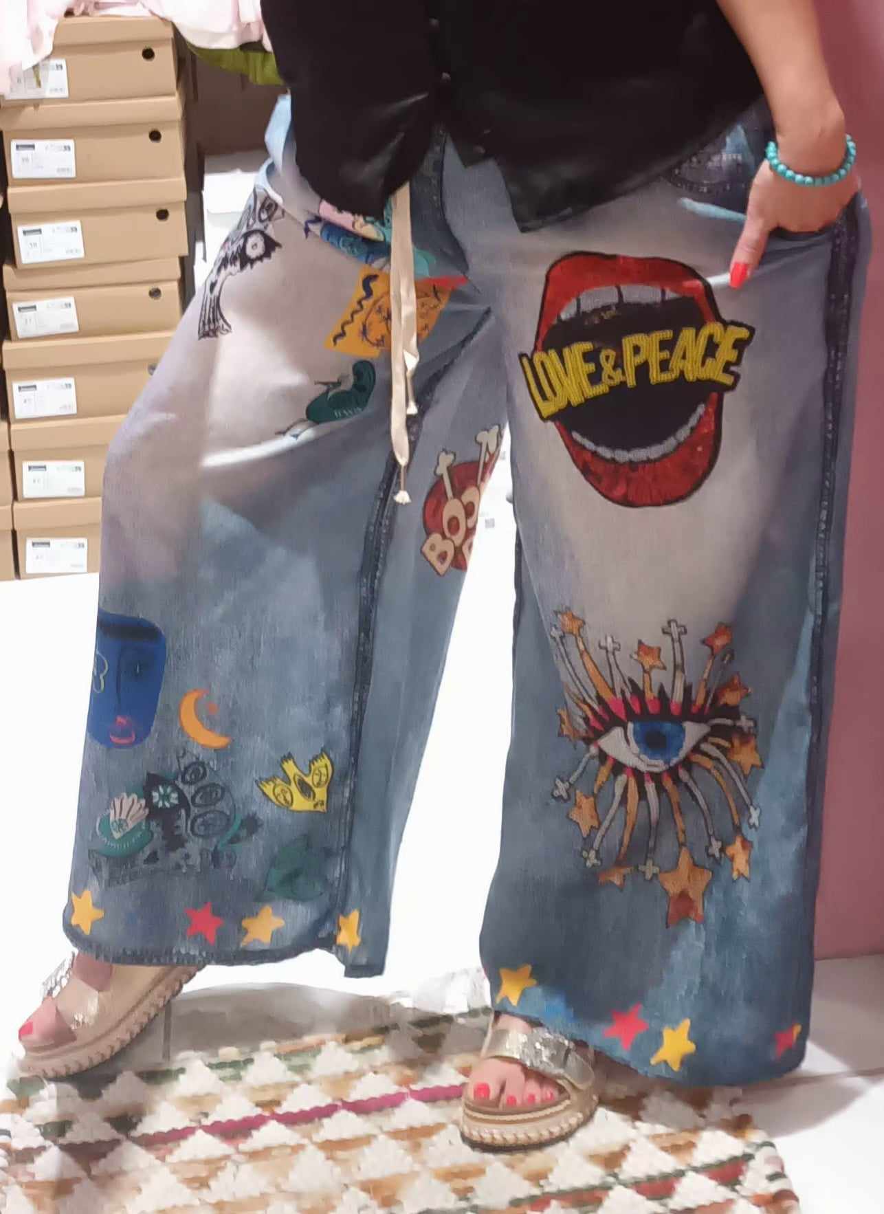 THE 'JEAN JEANIE LOVE AND PEACE' MYSTIC PRINT WIDE LEGGED DRAWSTRING WAIST TROUSERS