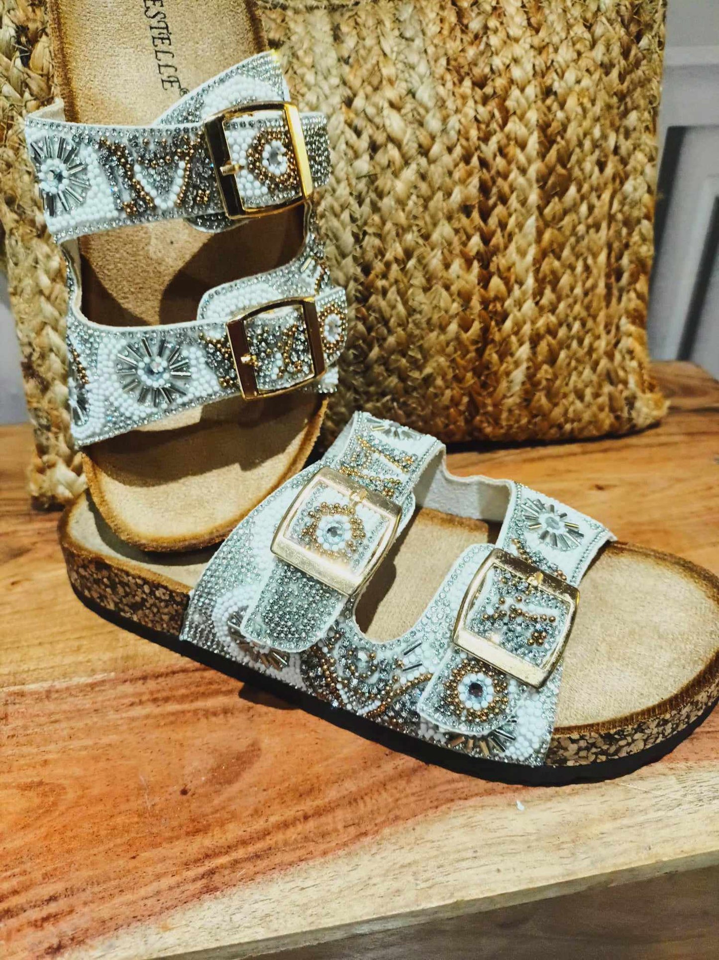 THE 'CRYSTAL WATERS' SILVER AND GOLD RICHLY BEADED FOOTBED SLIDER