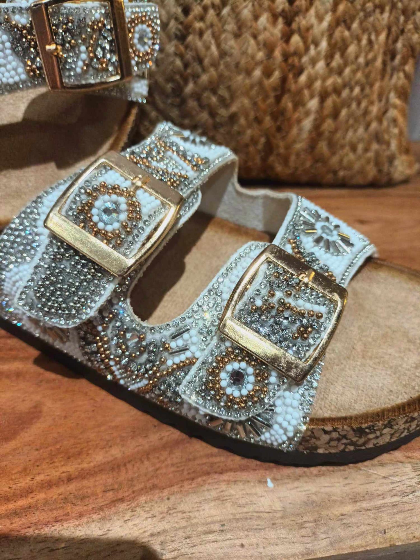 THE 'CRYSTAL WATERS' SILVER AND GOLD RICHLY BEADED FOOTBED SLIDER