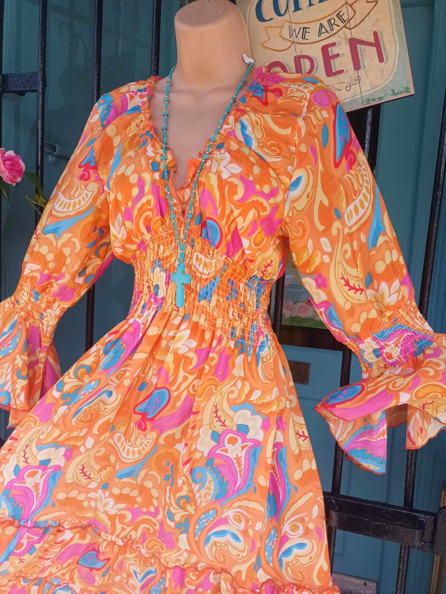 THE 'TANGERINE DREAM' VINTAGE 70'S STYLE BOHO PRINT PETITE LENGTH MAXI DRESS IN 100% SILK