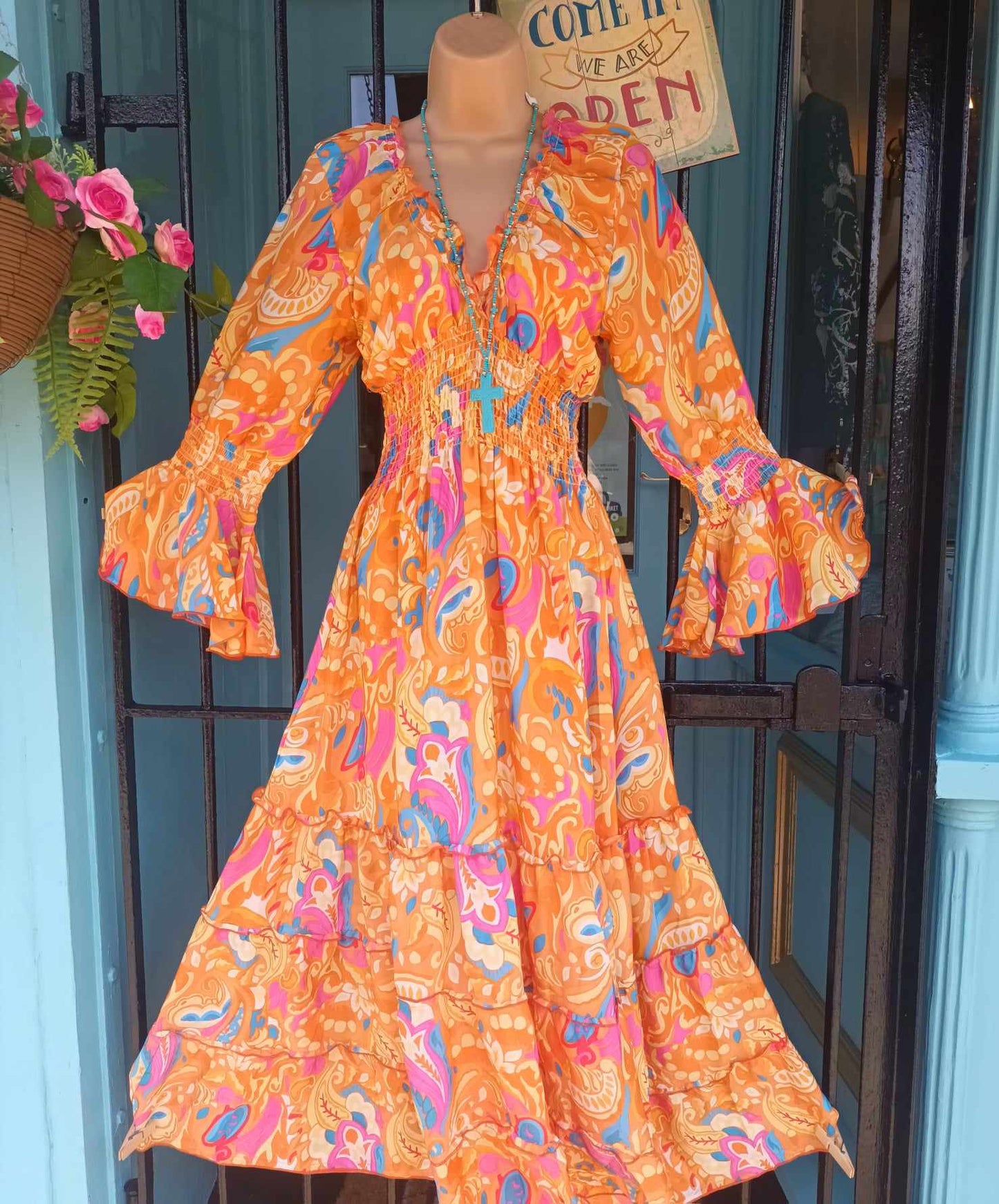 THE 'TANGERINE DREAM' VINTAGE 70'S STYLE BOHO PRINT PETITE LENGTH MAXI DRESS IN 100% SILK