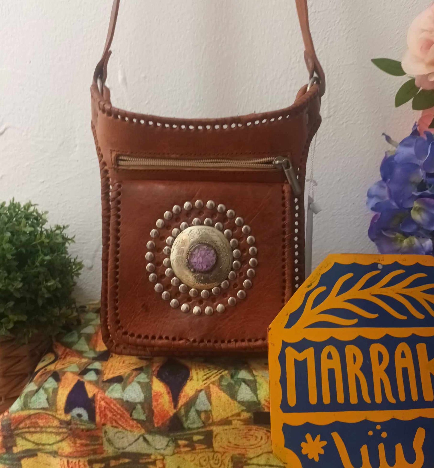 AMEERA EXCLUSIVE TWO WAY HANDMADE MOROCCAN BAG WITH LAVENDER STONE AND STUDDED ACCENTS