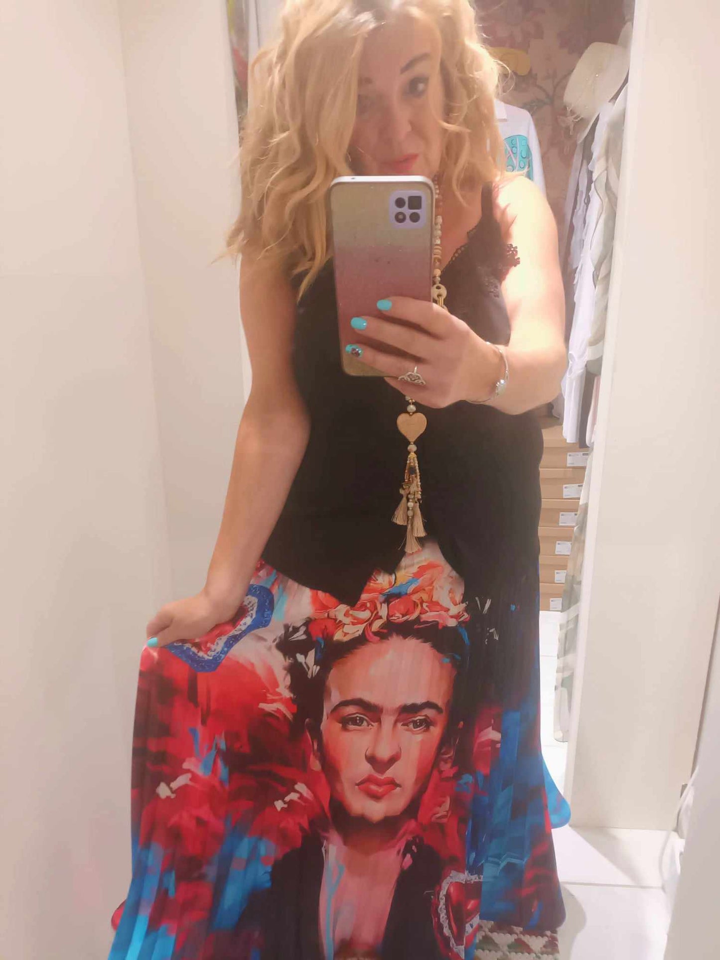 THE 'FRIDA ART PRINT' SWISHY PLEATED SKIRT WITH FLIPPY STRUCTURED HEMLINE. MADE IN ITALY