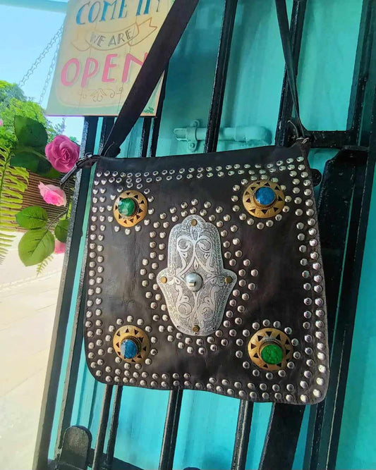 'YASMINE' EXCLUSIVE 100% LEATHER HANDMADE CROSSBODY BAG WITH DECORATIVE HAMZA HAND, STONES AND STUDS