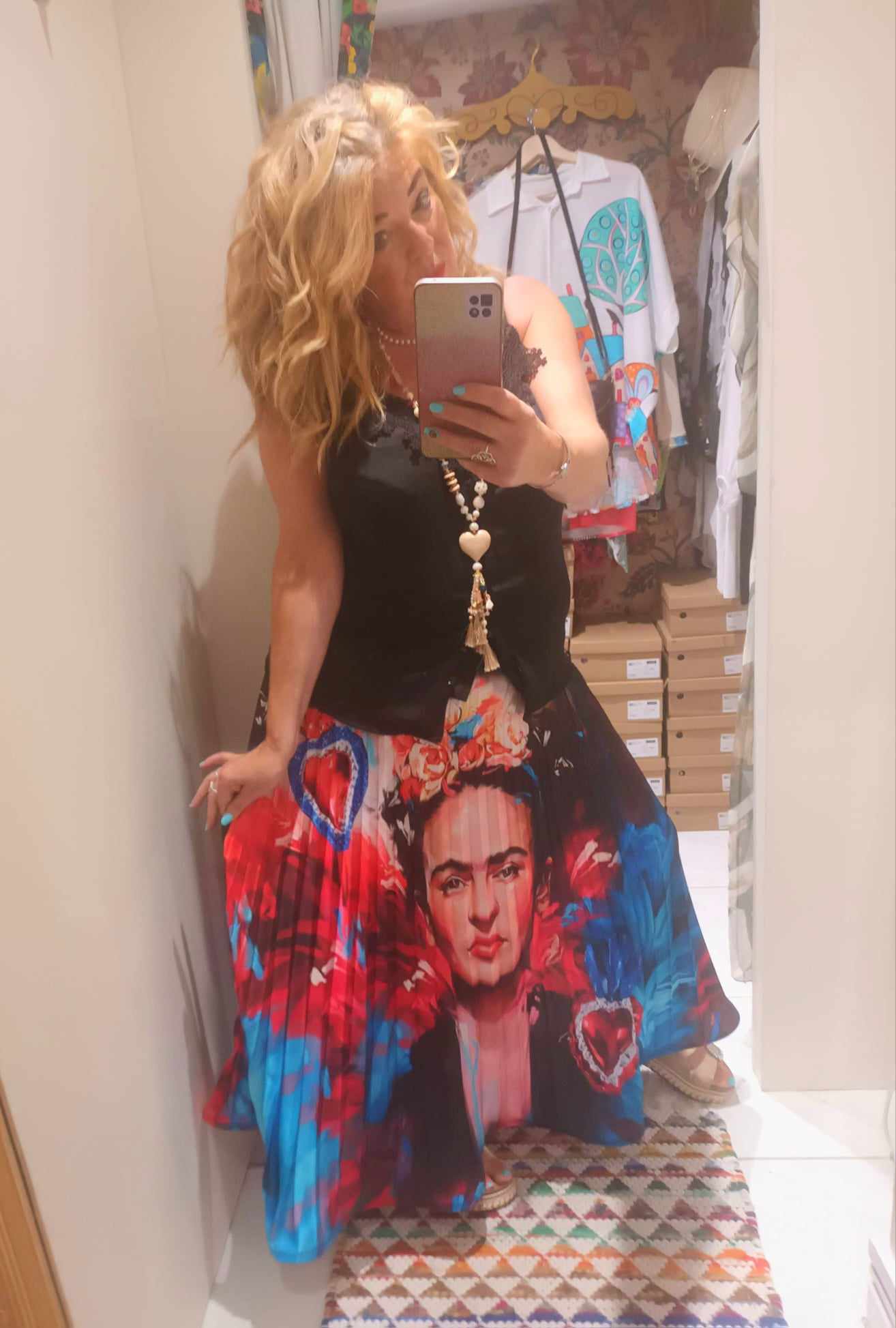 THE 'FRIDA ART PRINT' SWISHY PLEATED SKIRT WITH FLIPPY STRUCTURED HEMLINE. MADE IN ITALY