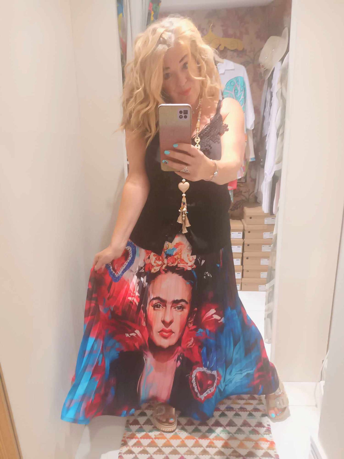 THE 'FRIDA ART PRINT' SWISHY PLEATED SKIRT WITH FLIPPY STRUCTURED HEMLINE. MADE IN ITALY