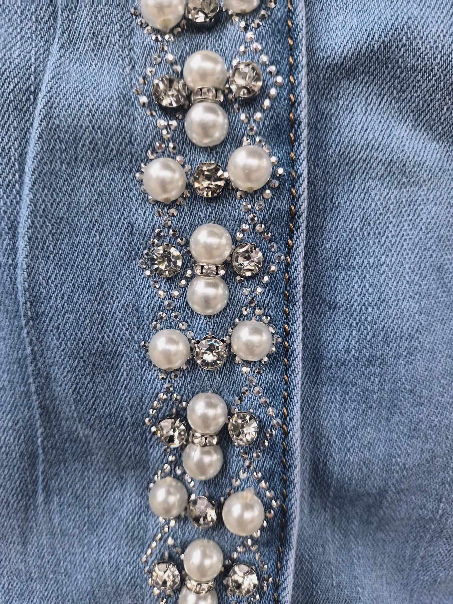 THE 'TAYLOR' FABULOUS PEARL AND DIAMANTE EMBELLISHED SUPERSOFT FADED STRETCH DENIM JACKET