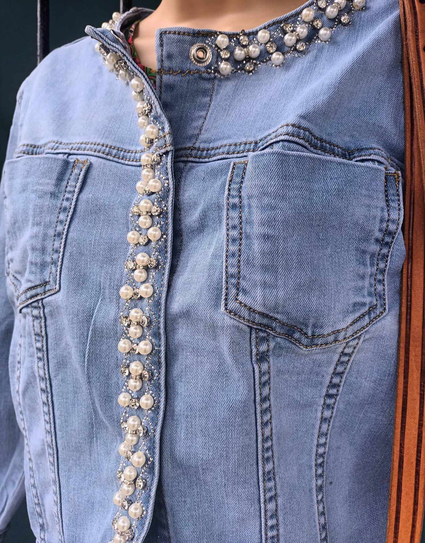 THE 'TAYLOR' FABULOUS PEARL AND DIAMANTE EMBELLISHED SUPERSOFT FADED STRETCH DENIM JACKET