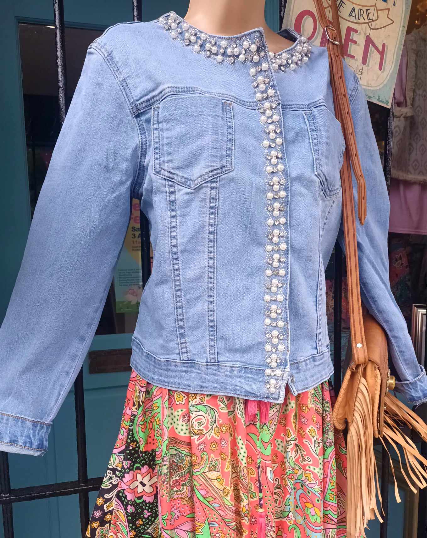 THE 'TAYLOR' FABULOUS PEARL AND DIAMANTE EMBELLISHED SUPERSOFT FADED STRETCH DENIM JACKET