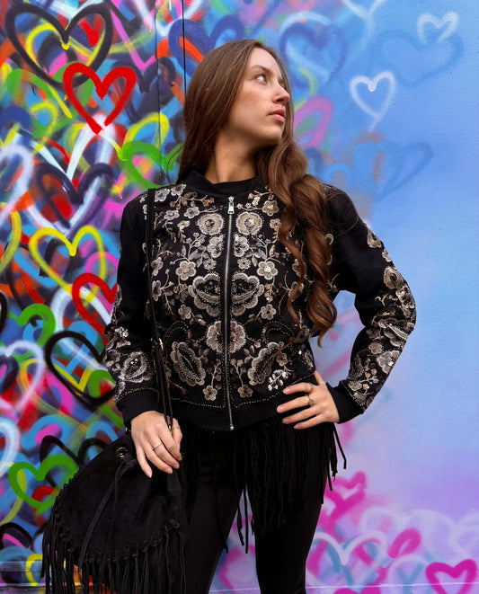 THE 'TWILIGHT ROCKS' STUNNING RICHLY BEADED, SEQUINNED AND EMBROIDERED ZIP FRONT BOMBER JACKET