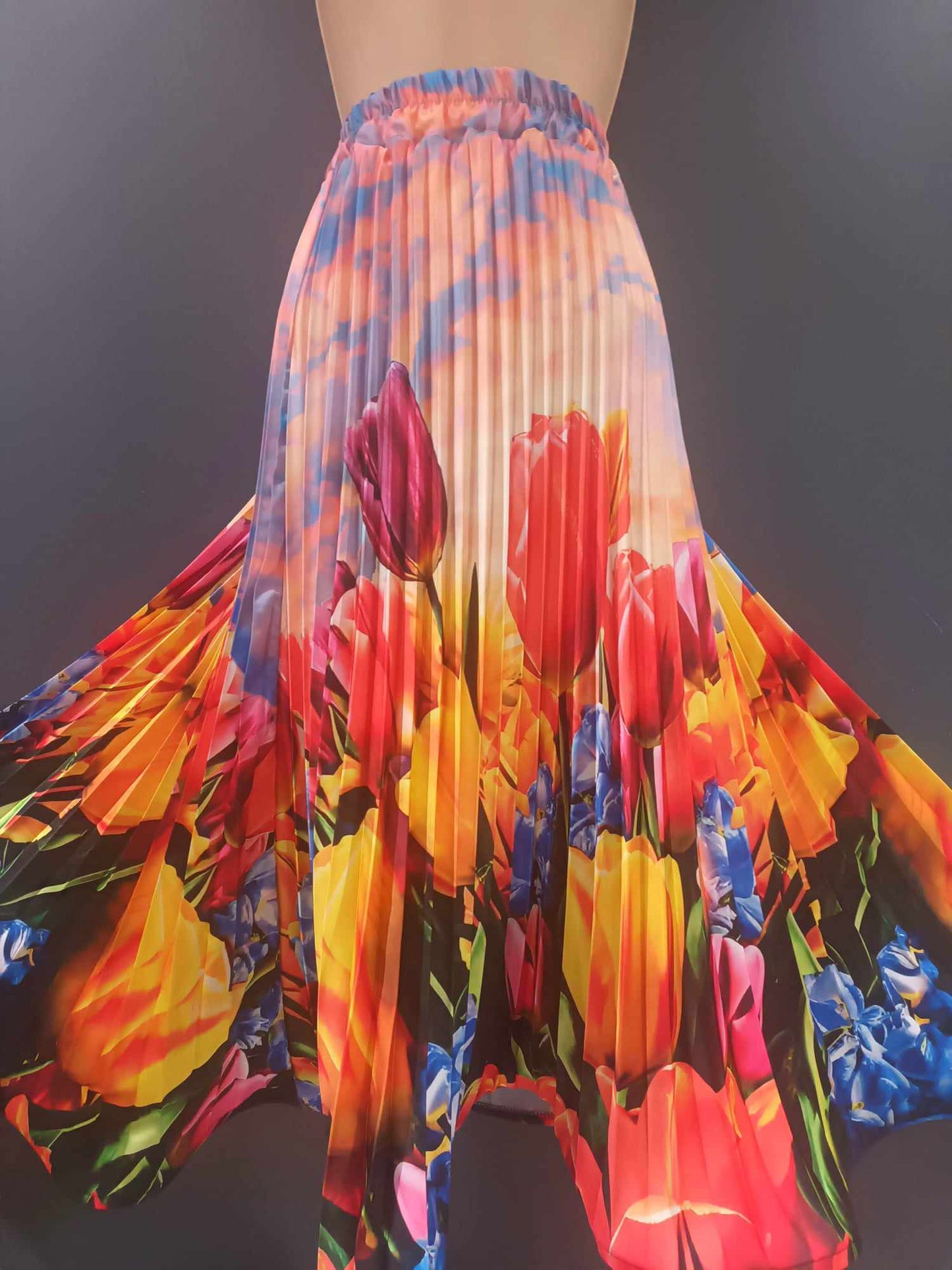 THE 'RAINBOW TULIPS' SWISHY PLEATED SKIRT WITH FLIPPY STRUCTURED HEMLINE, MADE IN ITALY