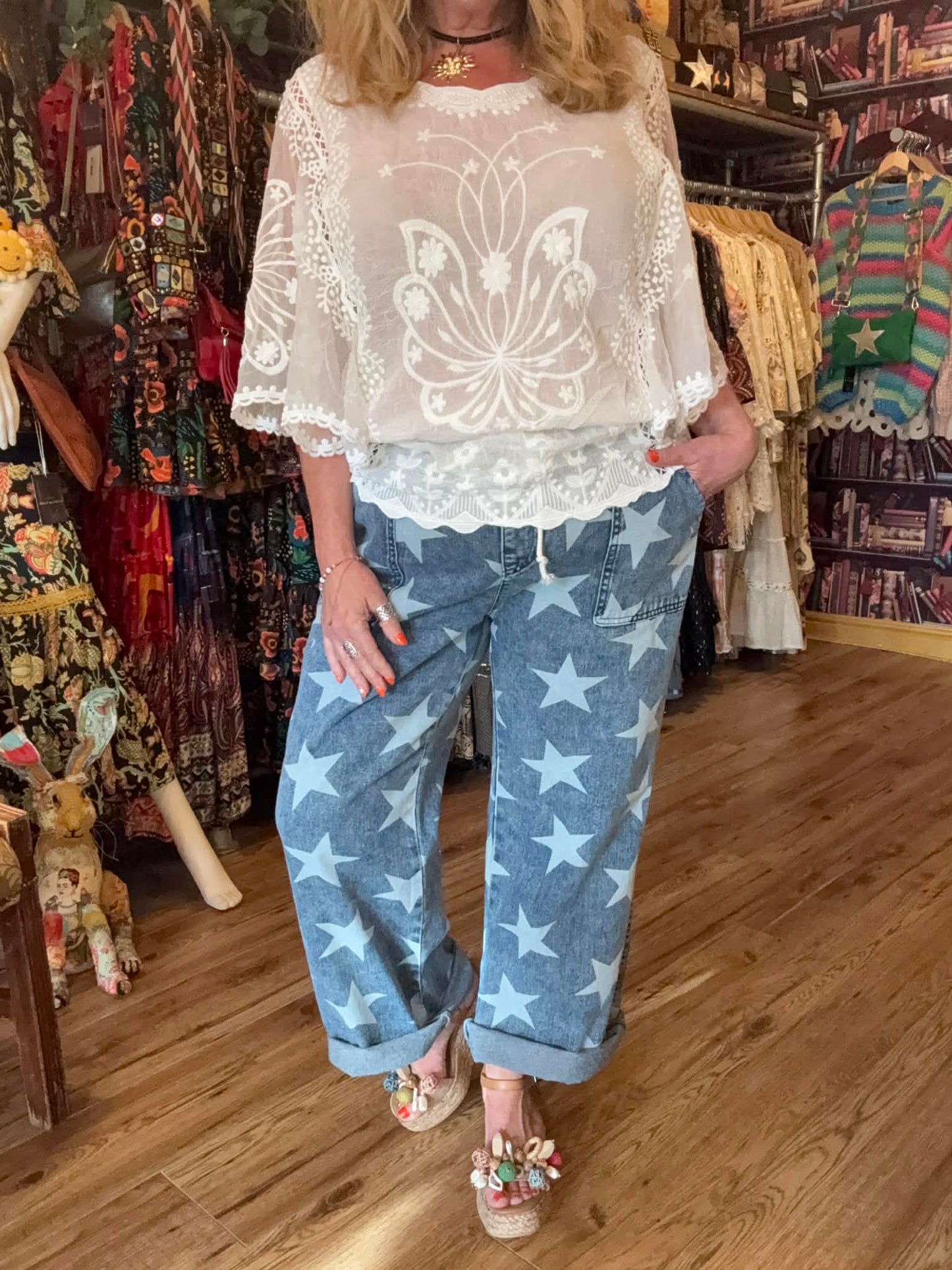 THE 'LUCKY STAR' RELAXED FIT FUNKY FADED STAR PRINT DRAWSTRING WAIST RELAXED FIT JEANS