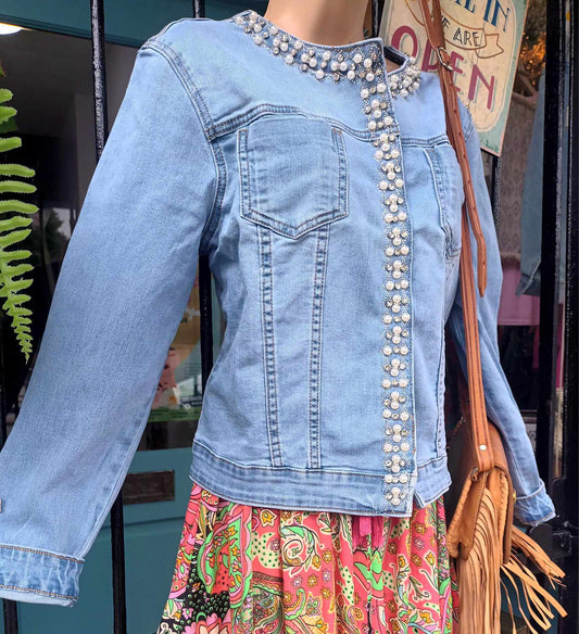 THE 'TAYLOR' FABULOUS PEARL AND DIAMANTE EMBELLISHED SUPERSOFT FADED STRETCH DENIM JACKET