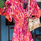 'ELEANOR' RHAPSODY IN PINKS BEAUTIFUL BOTANIC PRINT DRESS WITH SWISHY HEMLINE AND FLUTTER SLEEVES