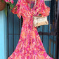 'ELEANOR' RHAPSODY IN PINKS BEAUTIFUL BOTANIC PRINT DRESS WITH SWISHY HEMLINE AND FLUTTER SLEEVES