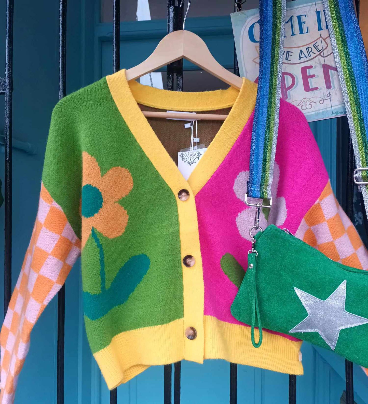 'MERILEE' BRIGHT & BEAUTIFUL RAINBOW COLOURS RETRO DAISY AND CHECK BUTTON FRONT CARDIGAN