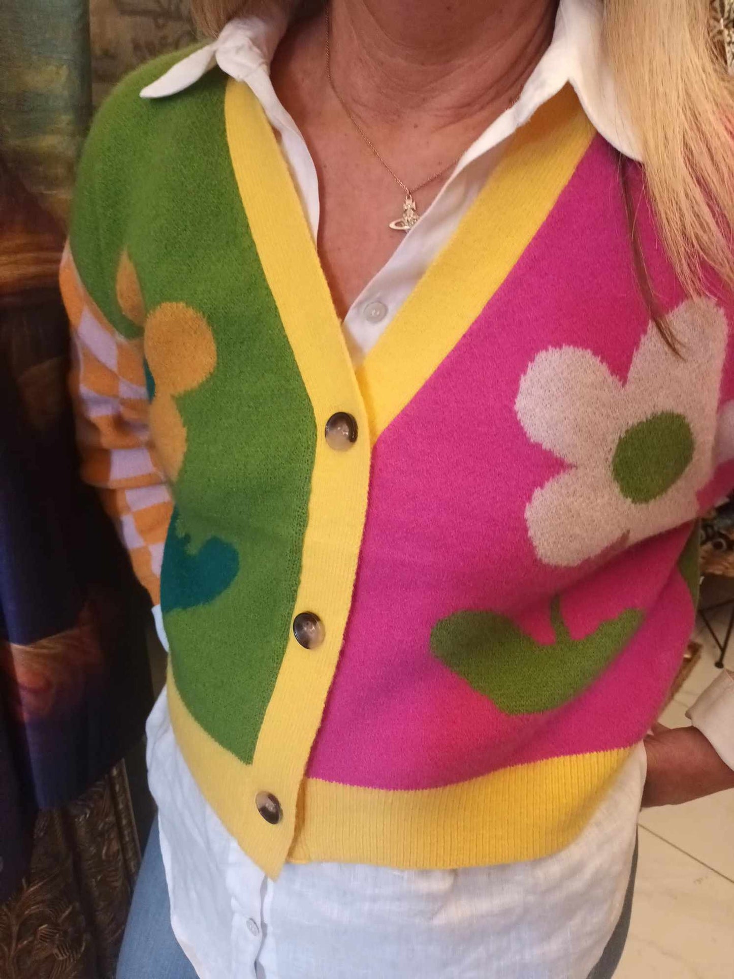 'MERILEE' BRIGHT & BEAUTIFUL RAINBOW COLOURS RETRO DAISY AND CHECK BUTTON FRONT CARDIGAN