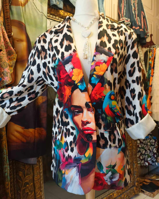 THE 'FRIDA LEOPARD' LUXE FEEL BUTTON FRONT STATEMENT BLAZER WITH FAUX POCKETS