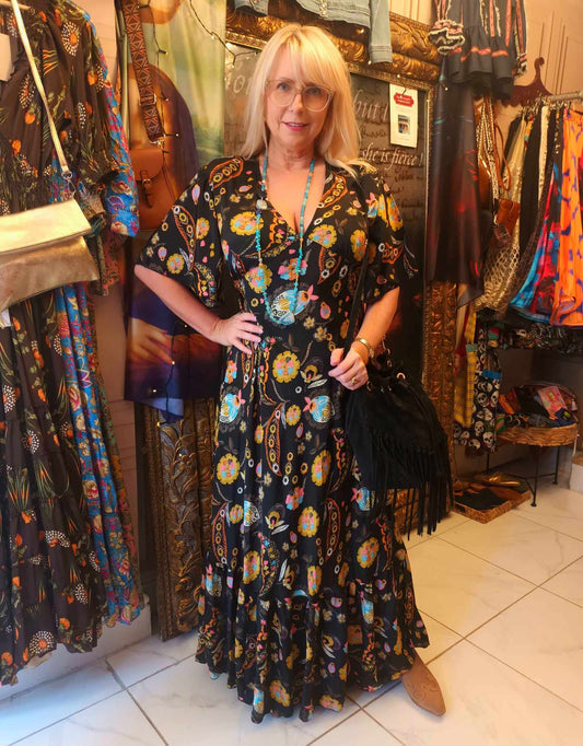 'LA FLORISTERIA' BREATHTAKING SWISHY HEM DRESS IN A QUIRKY FLORAL PRINT FROM OUR EXCLUSIVE SPANISH RANGE