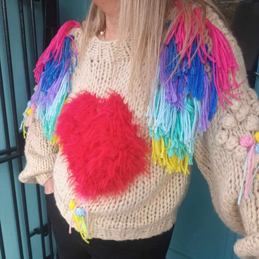 THE 'CARNIVAL' HAND KNITTED CHUNKY KNIT JUMPER WITH HEART AND FRINGE DETAIL