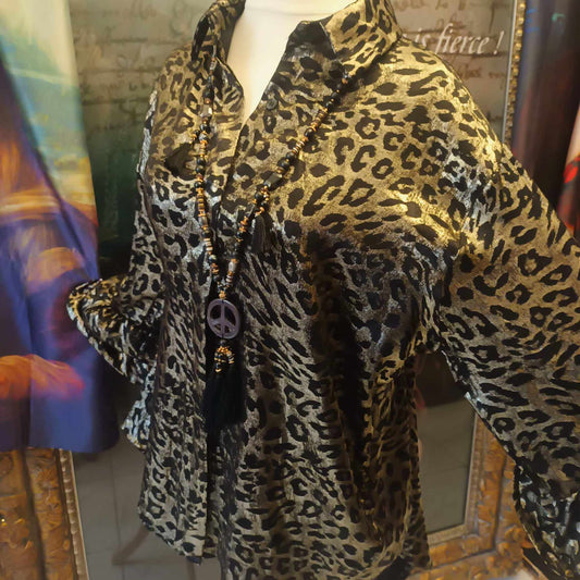 THE 'BOLAN' 70'S ROCK CHICK STYLE SHIMMERY LEOPARD PATTERN SHIRT WITH DIPPED HEMLINE AND OVERSIZED FRILL SLEEVES