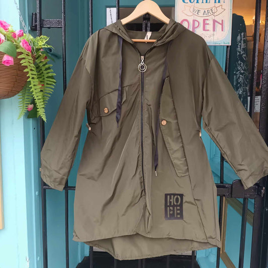 THE 'SUPERNOVA' KHAKI KAGOULE WITH HOPE MOTIF, FEATURE ZIP AND BUTTON DETAIL