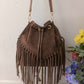 'HENDRIX' BEAUTIFUL AND BOHO 100% ITALIAN SUEDE LEATHER 70'S STYLE FRINGED BUCKET BAG NATURAL BROWN