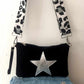 SUPERSTAR ROCK CHICK 3 WAY BAG 100% ITALIAN SUEDE LEATHER BLACK WITH ANIMAL STRAP