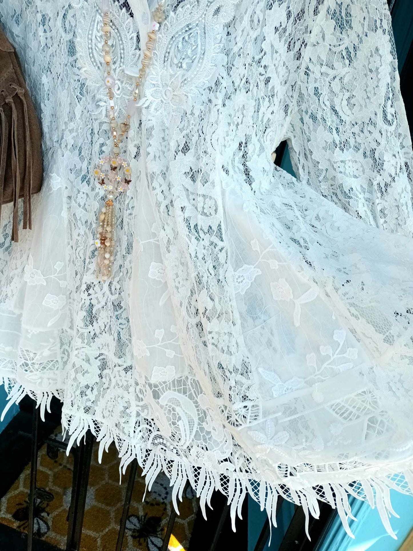 THE 'CHANTELLE' BEAUTIFUL WHITE LACE BEADED FLIPPY GODET HEM BOHEMIAN STYLETUNIC DRESS
