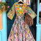 THE 'FANTASIA' STUNNING INDIAN COTTON RAINBOW COLOURED EMBROIDERED FLOWER DETAIL DRESS