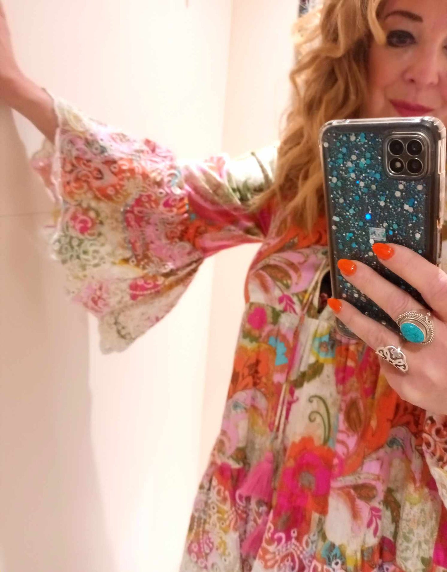 THE 'FANDANGO' BEAUTIFUL INDIAN COTTON RAINBOW FLORALS TUNIC WITH EMBROIDERED BELL SLEEVES AND HEMLINE.