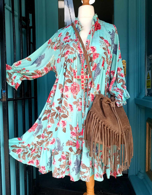 THE 'BELLE ANTICA' STUNNING DUCK EGG AND MULTI BIRD PRINT RUFFLE NECK SMOCK DRESS WITH TASSEL DETAIL