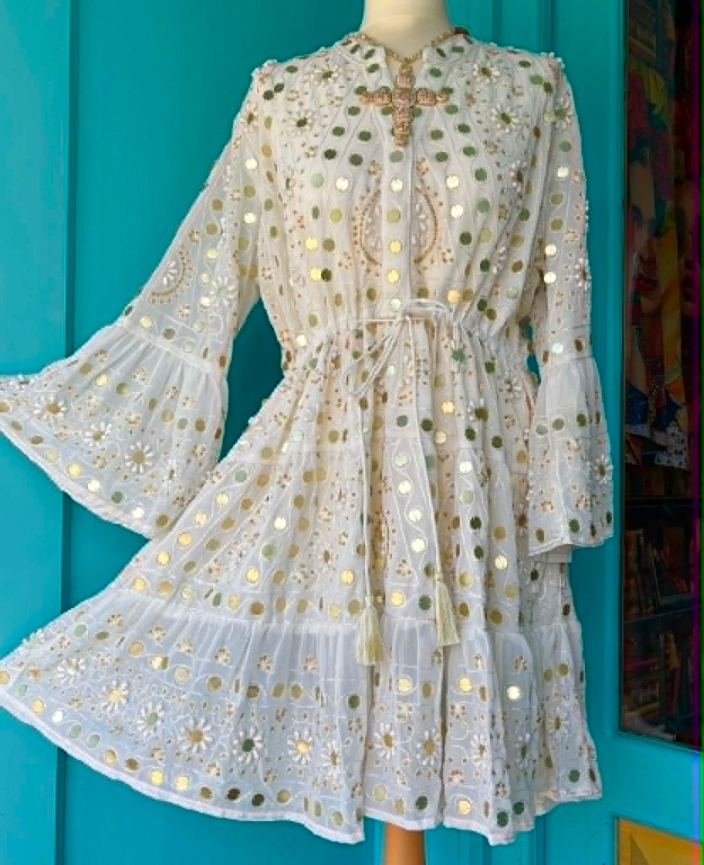 THE 'NURIA' STUNNING SNOWY WHITE SEQUINNED AND BEADED BELL SLEEVE BOHEMIAN TUNIC DRESS FROM OUR EXCLUSIVE SPANISH COLLECTION