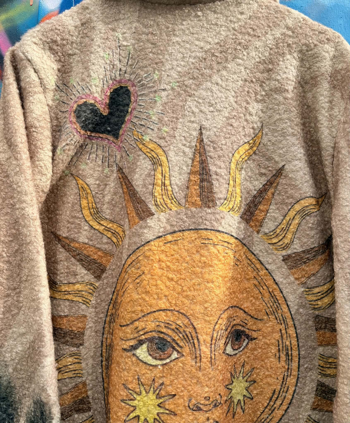 THE 'CELESTIAL LOVE' COSY OVERSIZED BUTTON FRONT BLANKET COAT WITH HEARTS, SUNS AND MYSTIC EYES