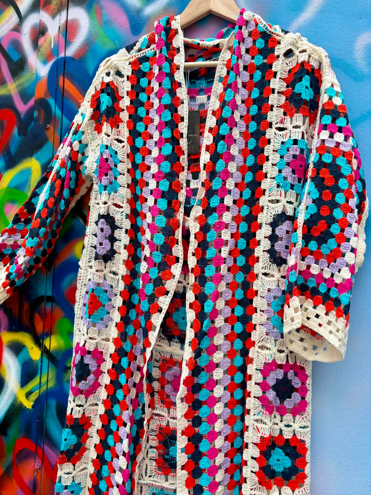 THE 'PATSY' CROCHET SQUARES 70'S STYLE MAXI CARDIGAN IN PRETTY RAINBOW COLOURS
