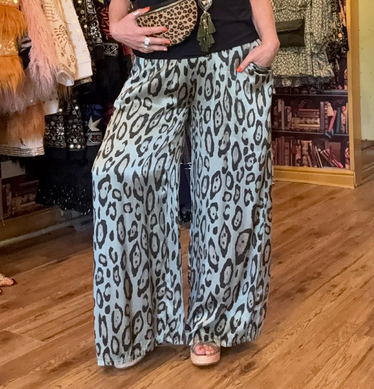 THE 'ATHENA' LUXE SATIN FEEL SWISHY WIDE LEG LEOPARD PRINT PANTS WITH ADJUSTABLE STRETCH WAIST