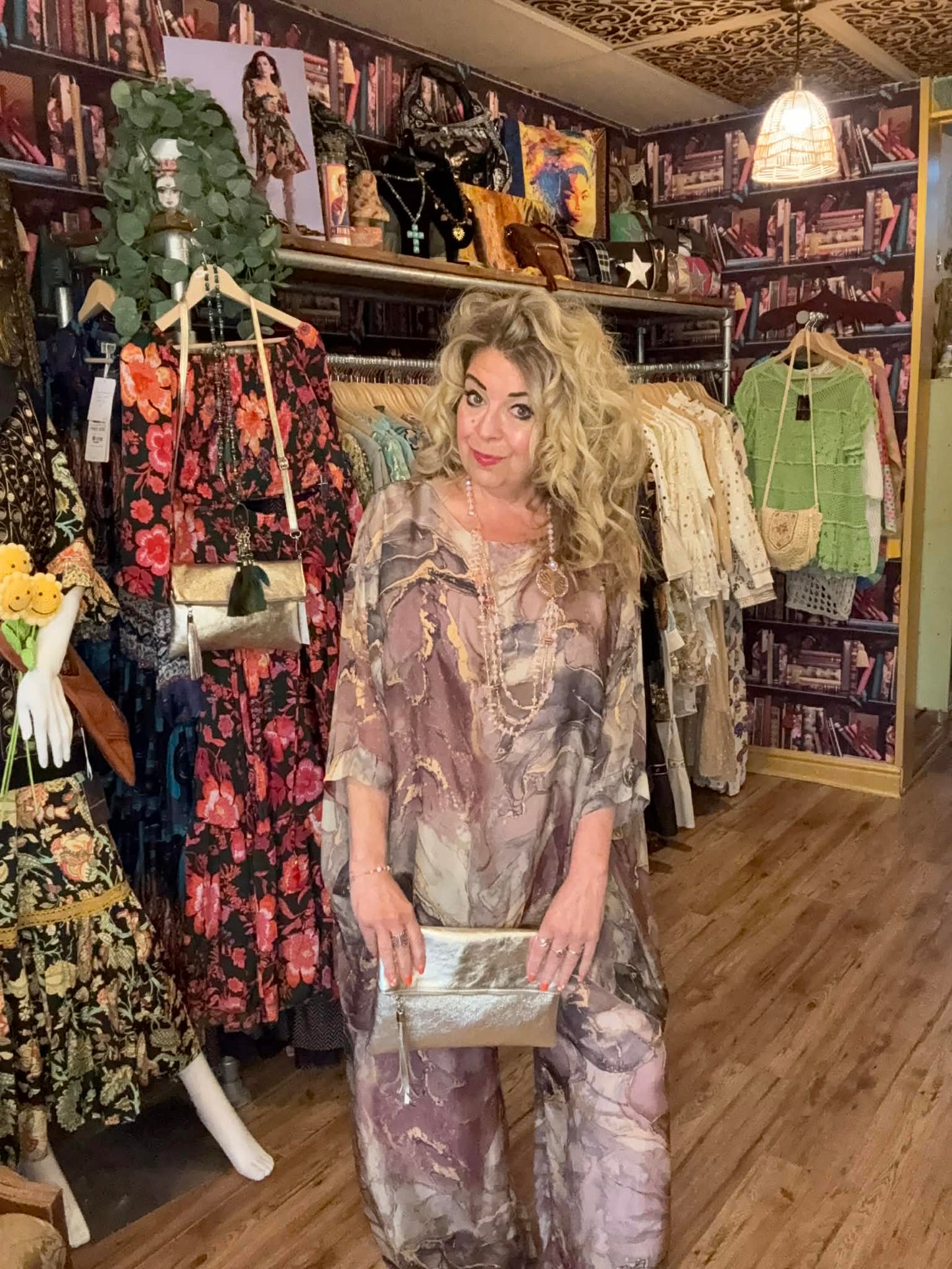 THE 'SIENNA' LUXURIOUS SILK BLEND MARBLE PRINT TWO PIECE FLOATY TROUSER SUIT PINK, KHAKI OR BLUE