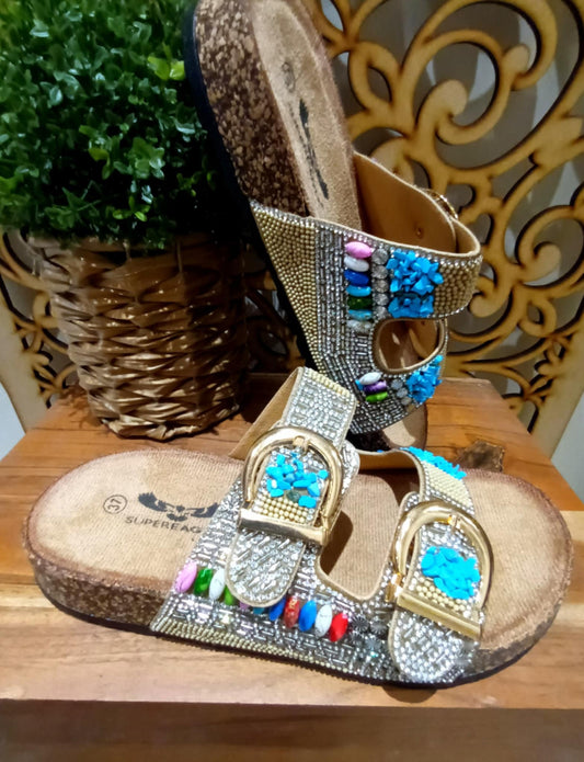 THE 'MARBELLA' SILVER AND MULTI RICHLY EMBELLISHED FOOTBED SLIDER