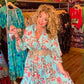 THE 'BELLE ANTICA' STUNNING DUCK EGG AND MULTI BIRD PRINT RUFFLE NECK SMOCK DRESS WITH TASSEL DETAIL