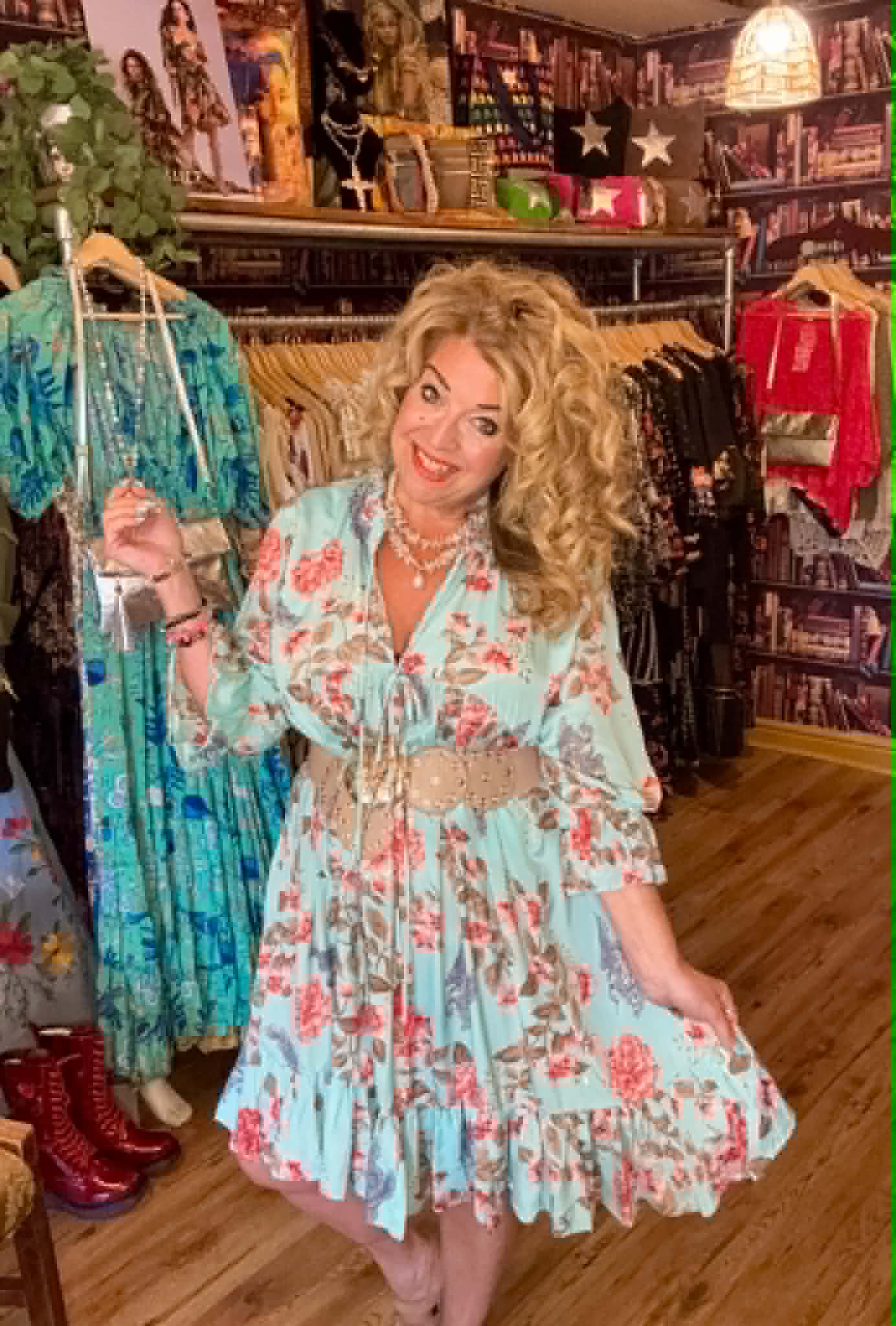 THE 'BELLE ANTICA' STUNNING DUCK EGG AND MULTI BIRD PRINT RUFFLE NECK SMOCK DRESS WITH TASSEL DETAIL