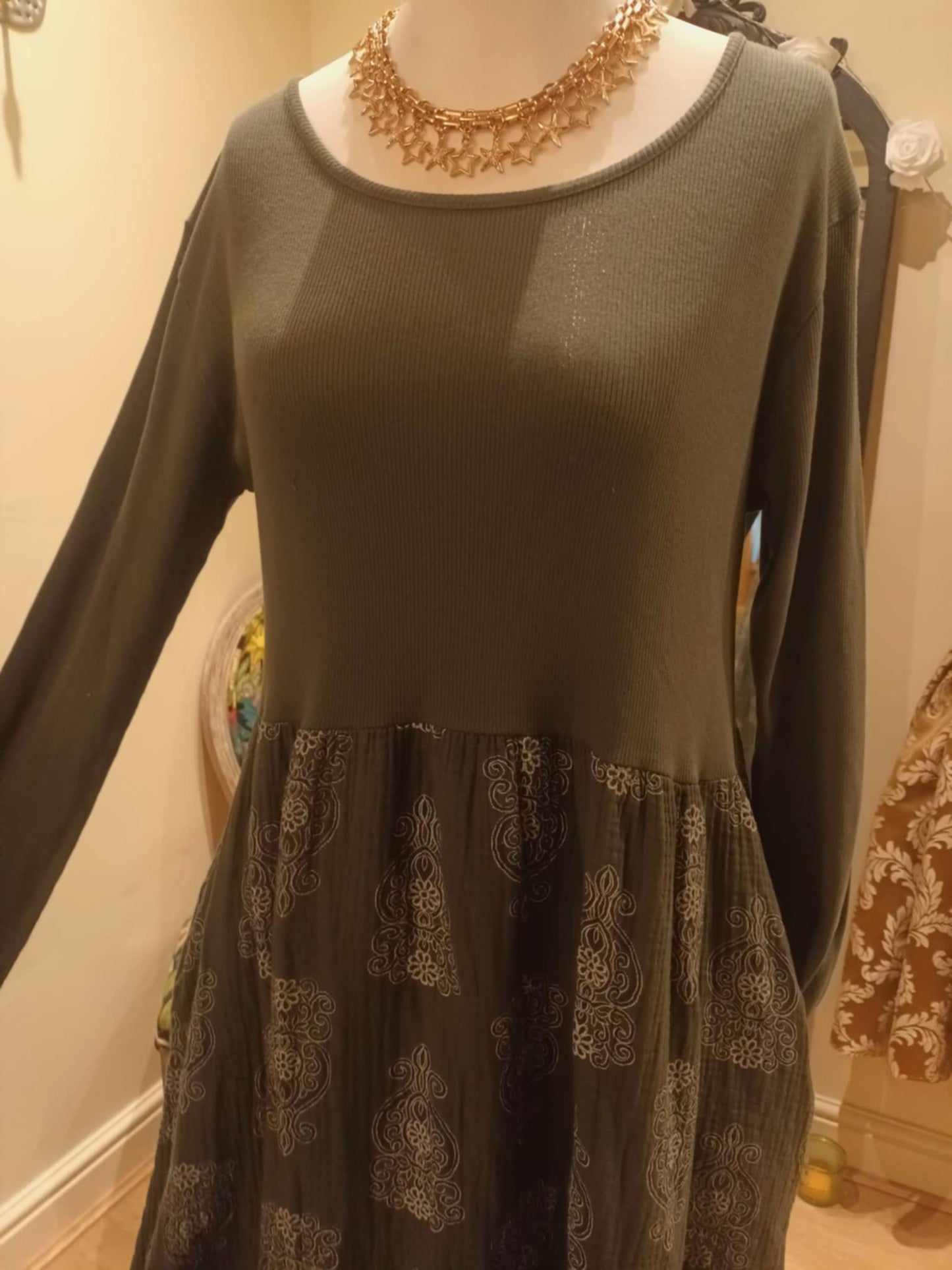 THE 'MANDALA' STUNNING SPIRITUAL PRINT COSY JERSEY DRESS WITH POCKETS WINE, KHAKI OR NAVY