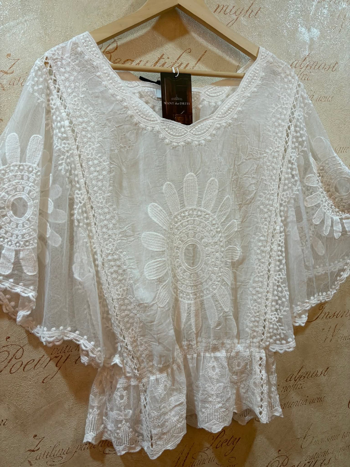 THE 'WOODSTOCK' SNOWY WHITE 70'S STYLE ANGEL SLEEVE EMBROIDERED SHEER SLEEVE TOP