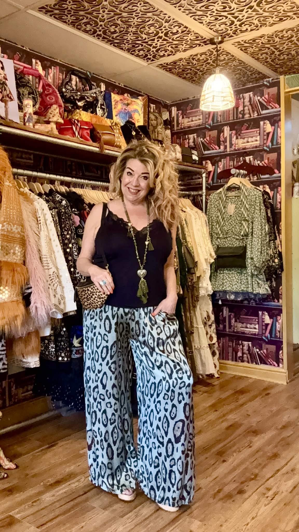 THE 'ATHENA' LUXE SATIN FEEL SWISHY WIDE LEG LEOPARD PRINT PANTS WITH ADJUSTABLE STRETCH WAIST