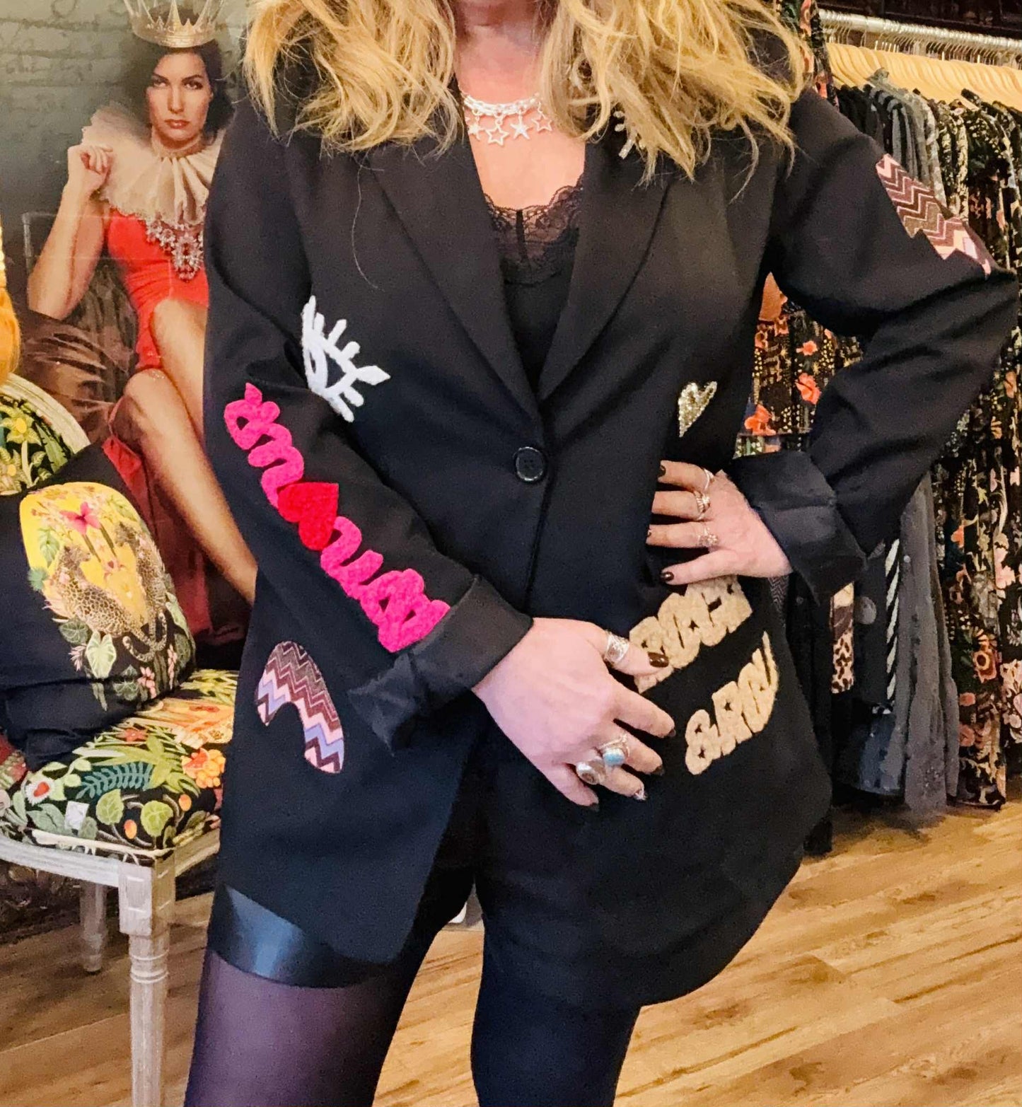 THE 'ROCK AND ROLL' CLASSIC BLACK EMBELLISHED BLAZER FEATURING BOLD ROCK STAR MOTIFS